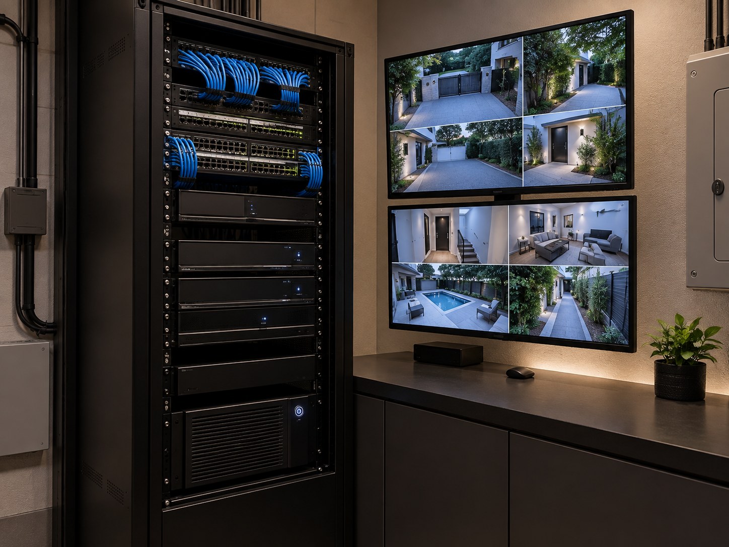 CCTV monitoring room with security displays and equipment rack