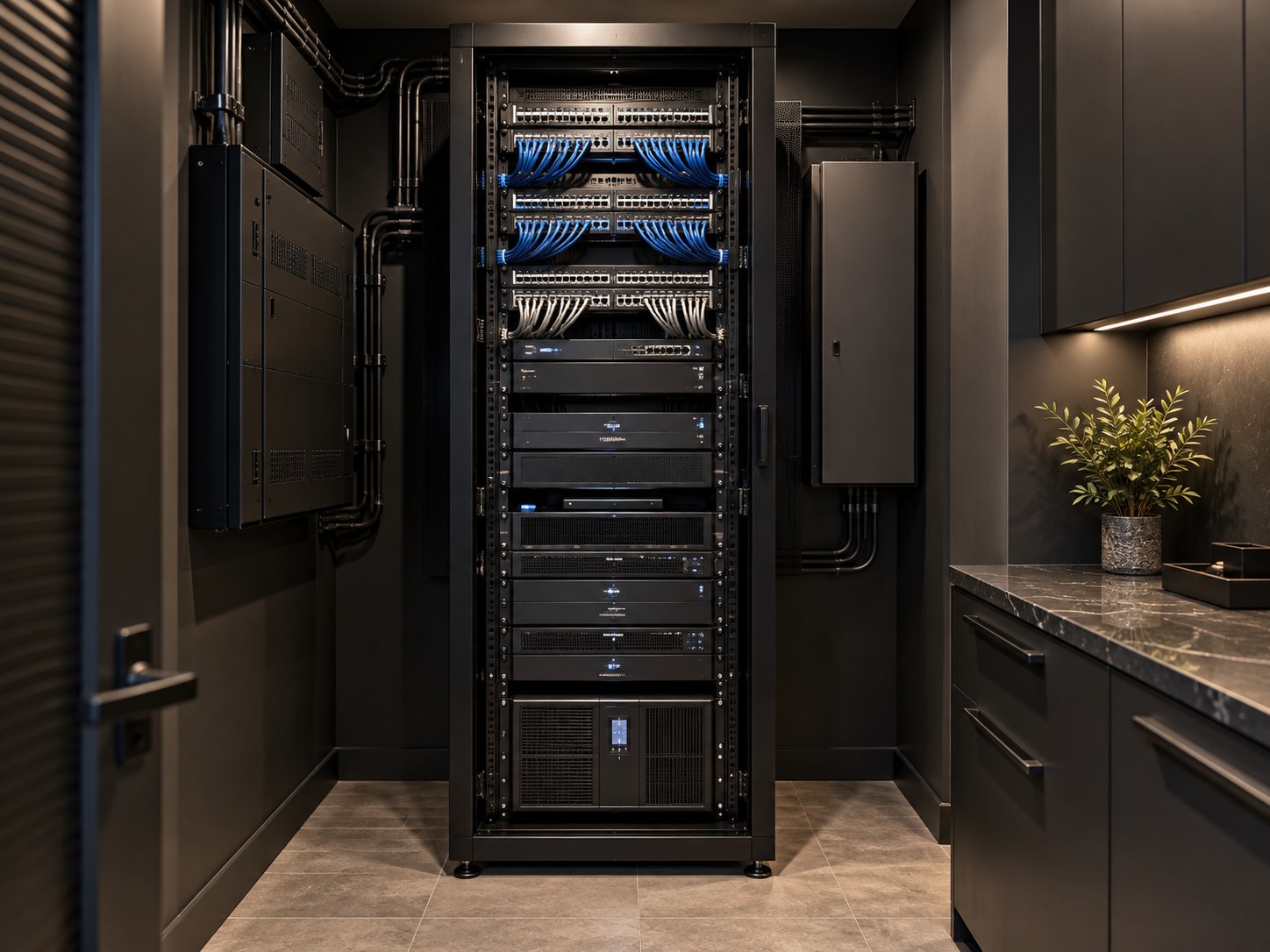 Enterprise network rack with structured cabling switching and AV infrastructure