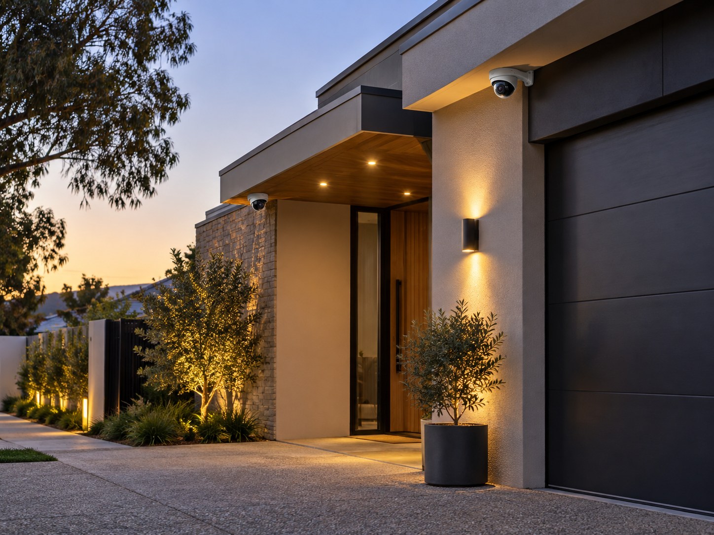Discreet CCTV cameras installed on a modern residential exterior